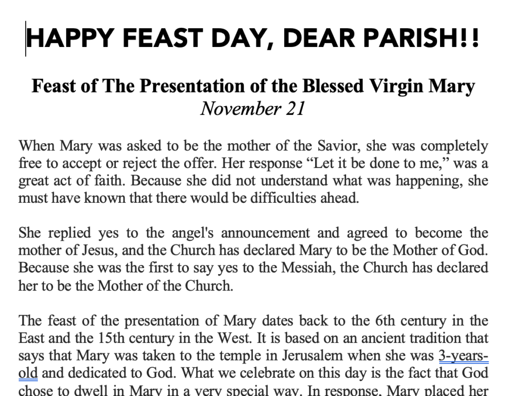 A picture of the feast day message.