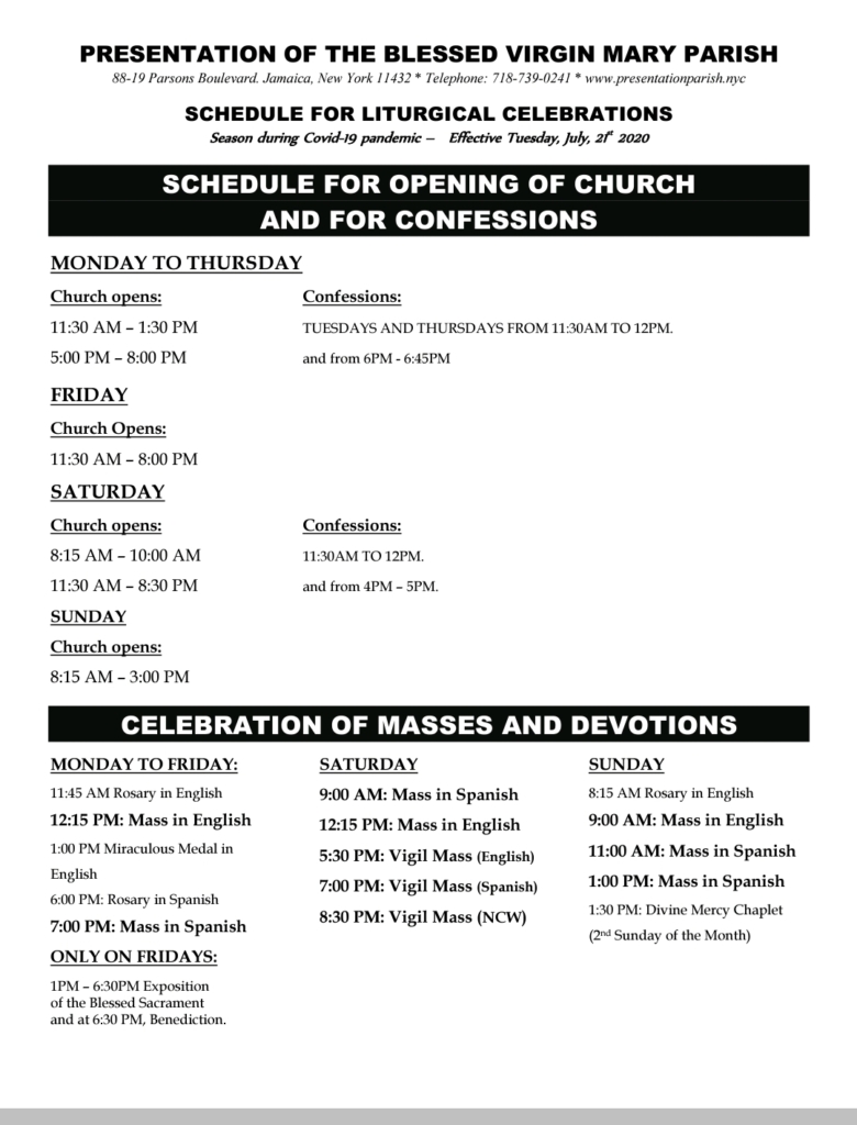 A church schedule for opening and confession times.