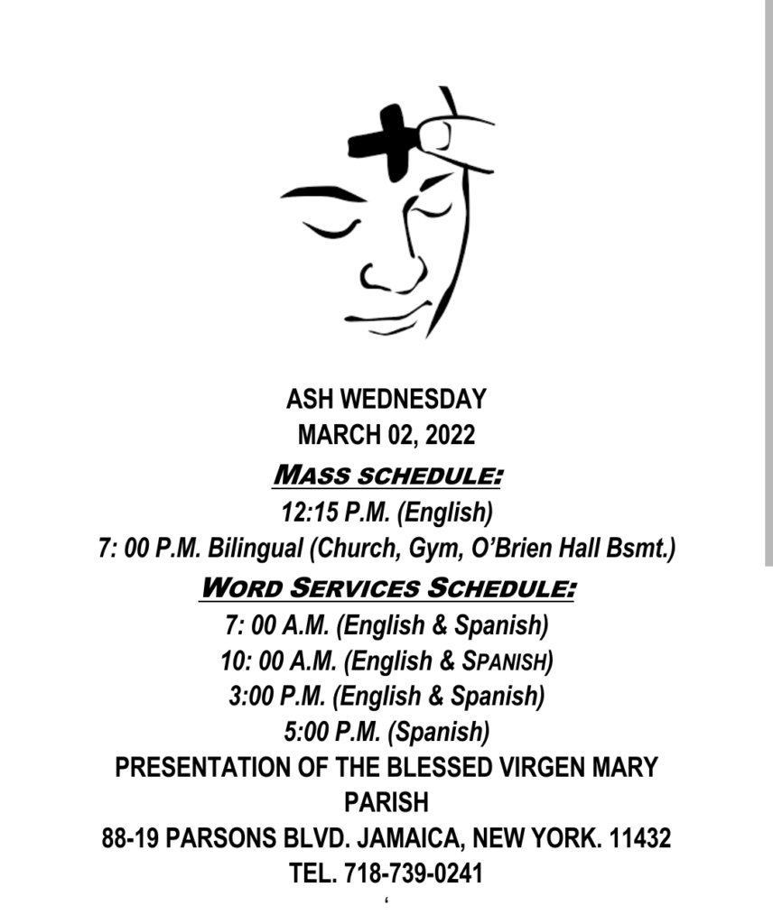 A black and white image of the ash wednesday mass schedule.